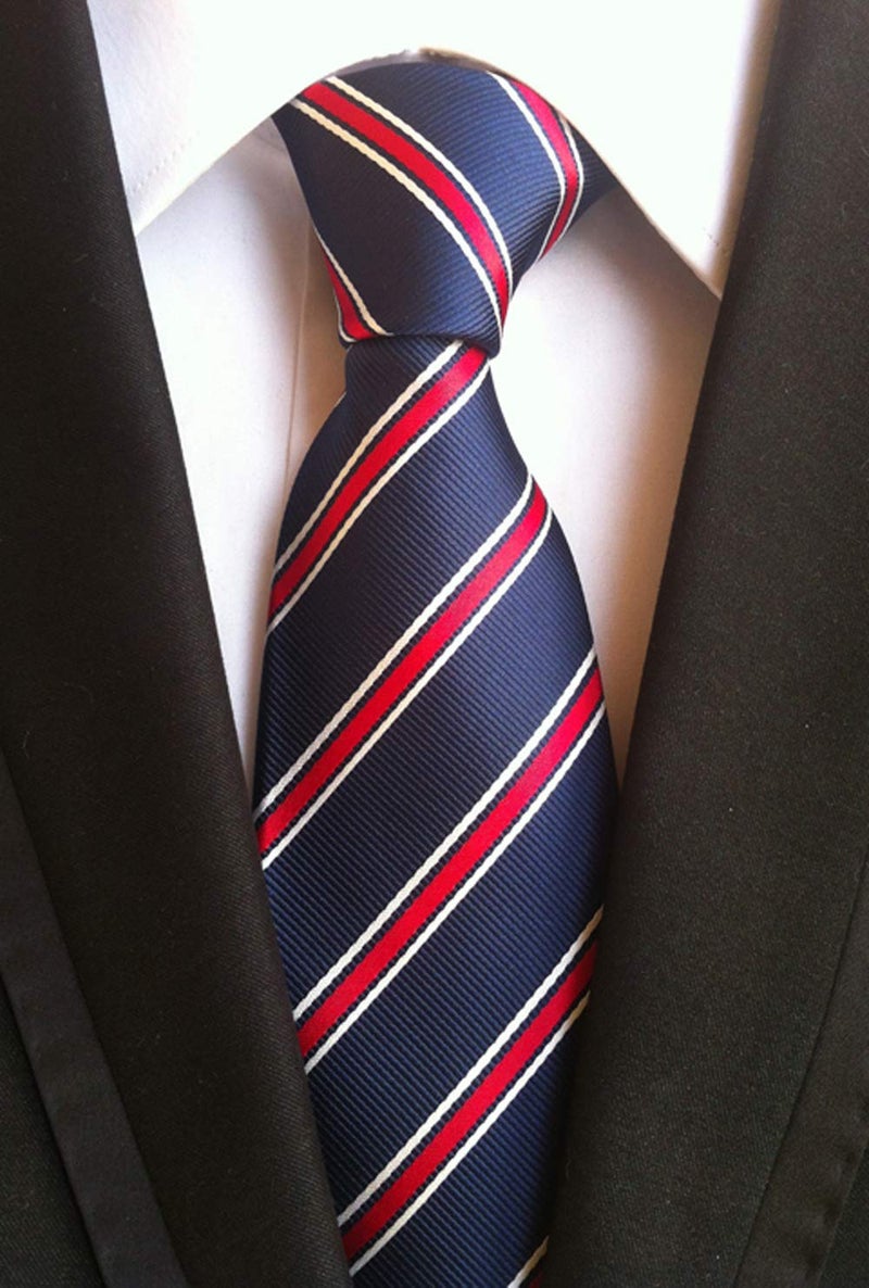 Ctskyte Men's Classic Navy Blue Red White Striped Jacquard Woven Silk Tie Formal Necktie - Image 2